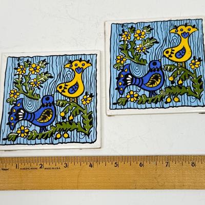 VTG Mid Century Tile Trivets Retro 1960s 1970s Groovy Birds Blue Yellow