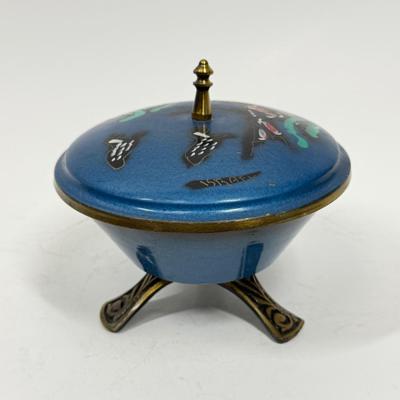 Vintage Blue Metal Tri-footed Container with Lid Brass Base