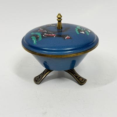 Vintage Blue Metal Tri-footed Container with Lid Brass Base