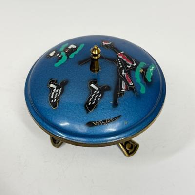 Vintage Blue Metal Tri-footed Container with Lid Brass Base