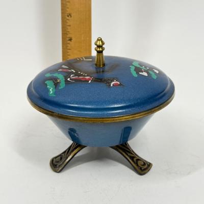 Vintage Blue Metal Tri-footed Container with Lid Brass Base