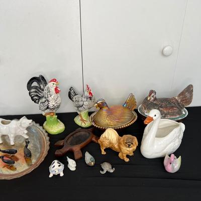 Animal Figurines Lot - Carnival Glass, Wood, Porcelain, Pewter