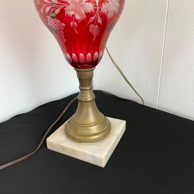 2 Antique Cranberry Cut to Clear Glass Lamps - Table, Hanging