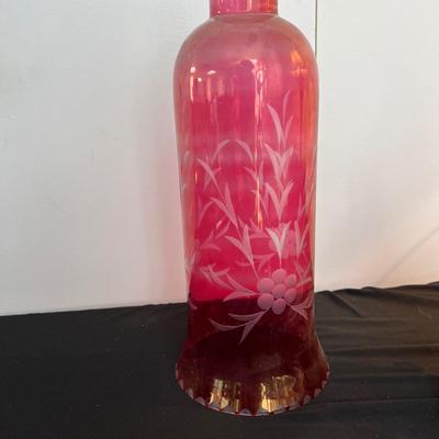 2 Antique Cranberry Cut to Clear Glass Lamps - Table, Hanging