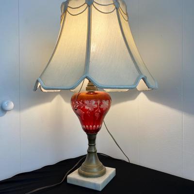 2 Antique Cranberry Cut to Clear Glass Lamps - Table, Hanging