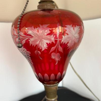2 Antique Cranberry Cut to Clear Glass Lamps - Table, Hanging