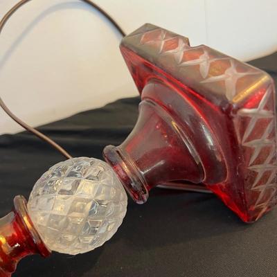 2 Antique Cranberry Cut to Clear Glass Lamps - Table, Hanging