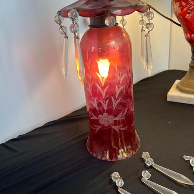 2 Antique Cranberry Cut to Clear Glass Lamps - Table, Hanging