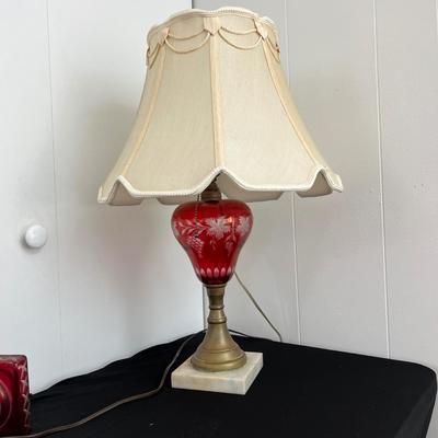 2 Antique Cranberry Cut to Clear Glass Lamps - Table, Hanging
