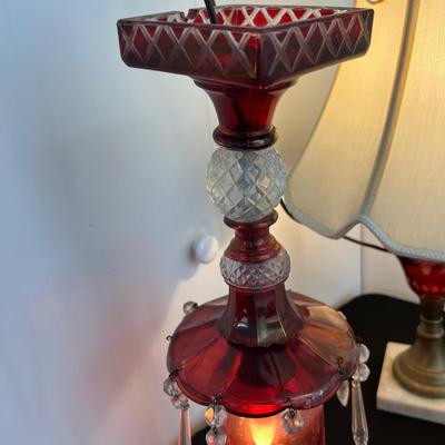 2 Antique Cranberry Cut to Clear Glass Lamps - Table, Hanging