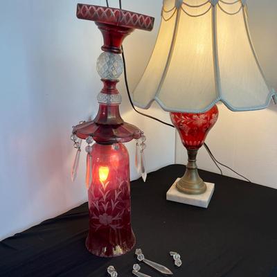 2 Antique Cranberry Cut to Clear Glass Lamps - Table, Hanging