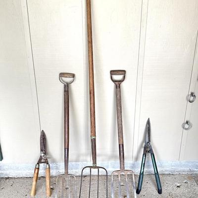 Yard Tool Lot - Shears, Pitch Forks, Axes, Sledge Hammer