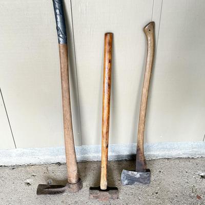 Yard Tool Lot - Shears, Pitch Forks, Axes, Sledge Hammer