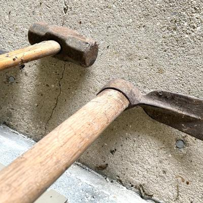 Yard Tool Lot - Shears, Pitch Forks, Axes, Sledge Hammer