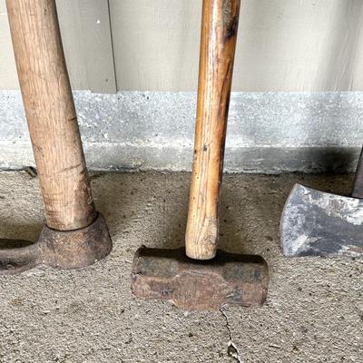 Yard Tool Lot - Shears, Pitch Forks, Axes, Sledge Hammer