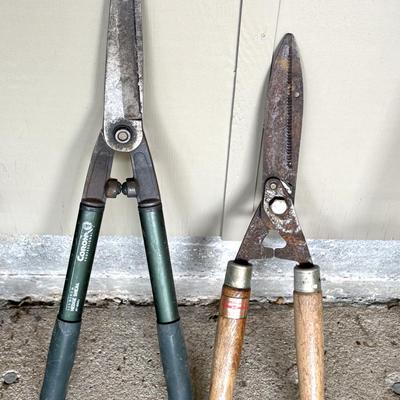 Yard Tool Lot - Shears, Pitch Forks, Axes, Sledge Hammer