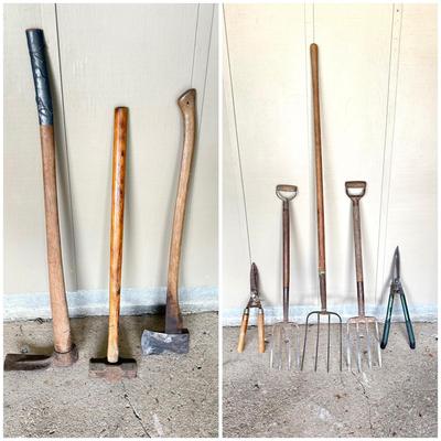 Yard Tool Lot - Shears, Pitch Forks, Axes, Sledge Hammer