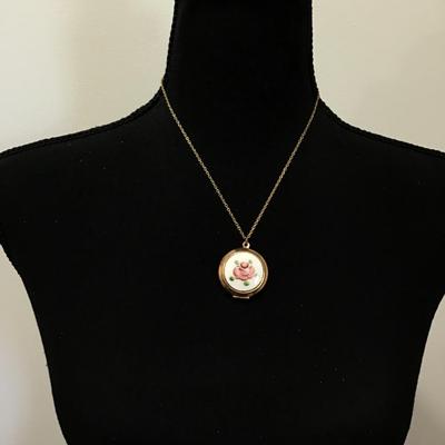 Guilloche Rose locket necklace vintage
