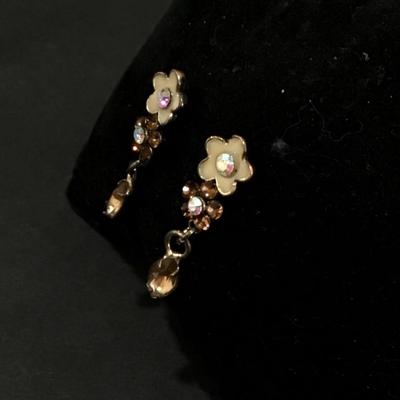 Vintage enamel, flower, rhinestone dangle earrings