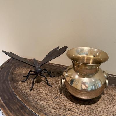 Two pieces of decor including brass vase