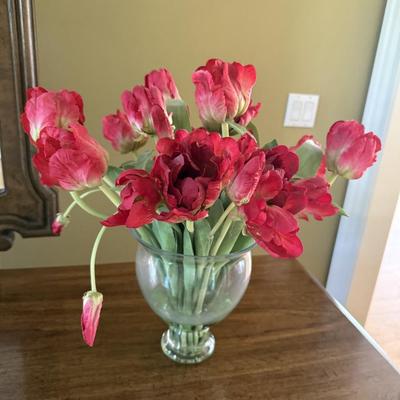 Three silk flower arrangements including tulips in a vase