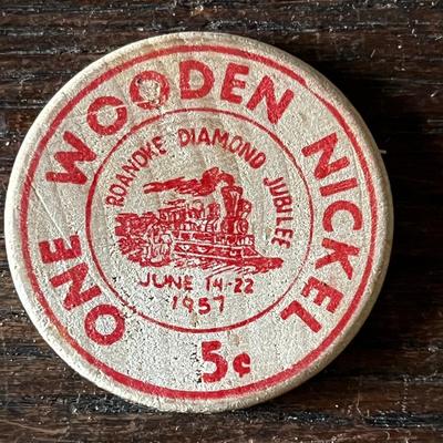 Sale Photo Thumbnail #17: 2 Crossroads mall wooden nickels
1 Diamond Jubilee Roanoke wooden nickel
A vintage ring and 2 vintage valentines cake decorations