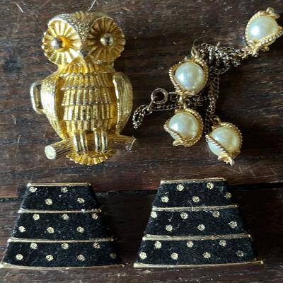 Sale Photo Thumbnail #33: One scarf ring owl
Vtg clip earrings 
Tangled necklace