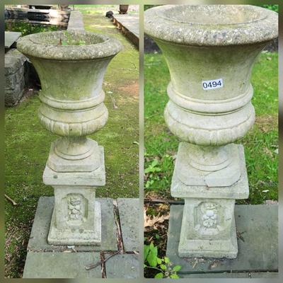Pair Concrete Urn Planters Vases w Bases