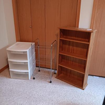 3 DRAWER ORGANIZER, 3 TIER CART ON WHEELS AND A SLENDER BOOKCASE
