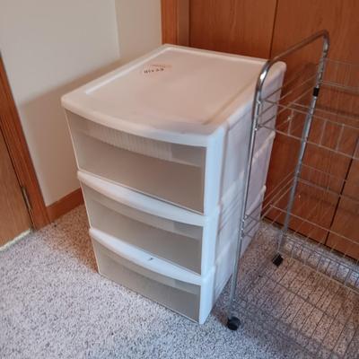 3 DRAWER ORGANIZER, 3 TIER CART ON WHEELS AND A SLENDER BOOKCASE
