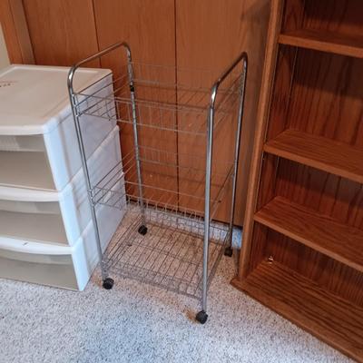 3 DRAWER ORGANIZER, 3 TIER CART ON WHEELS AND A SLENDER BOOKCASE