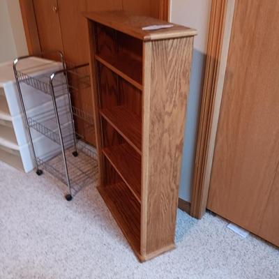 3 DRAWER ORGANIZER, 3 TIER CART ON WHEELS AND A SLENDER BOOKCASE