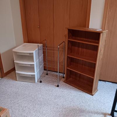 3 DRAWER ORGANIZER, 3 TIER CART ON WHEELS AND A SLENDER BOOKCASE