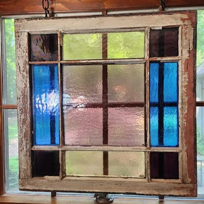 Antique Stained Glass Window Sash 9 Panes