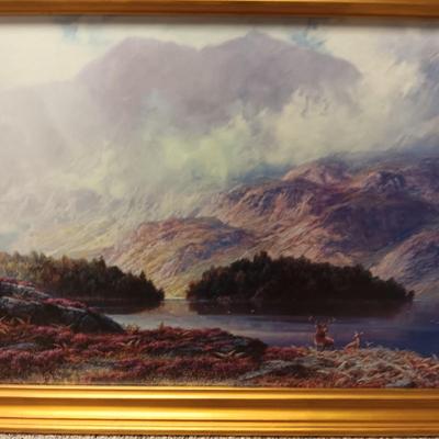 FRAMED PICTURE AND A WOOD SLAB CLOCK