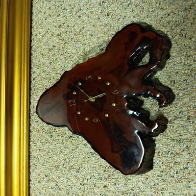 FRAMED PICTURE AND A WOOD SLAB CLOCK