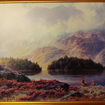 FRAMED PICTURE AND A WOOD SLAB CLOCK