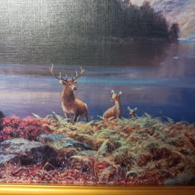 FRAMED PICTURE AND A WOOD SLAB CLOCK