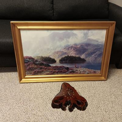 FRAMED PICTURE AND A WOOD SLAB CLOCK