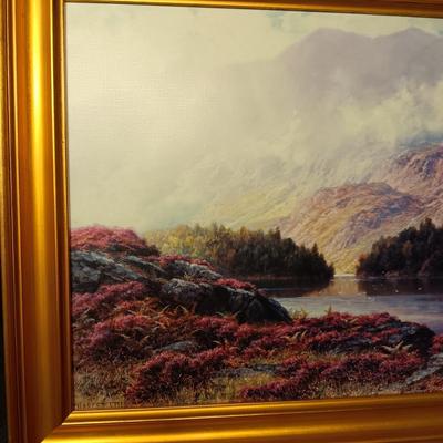 FRAMED PICTURE AND A WOOD SLAB CLOCK