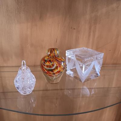 CRYSTAL PEAR, MULTI COLORED GLASS VASE AND THICK GLASS TRINKET BOX