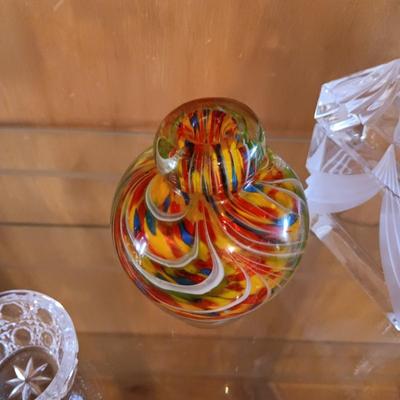 CRYSTAL PEAR, MULTI COLORED GLASS VASE AND THICK GLASS TRINKET BOX