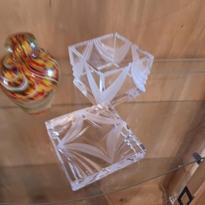 CRYSTAL PEAR, MULTI COLORED GLASS VASE AND THICK GLASS TRINKET BOX