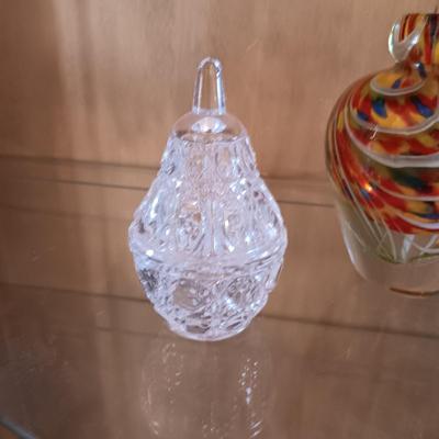 CRYSTAL PEAR, MULTI COLORED GLASS VASE AND THICK GLASS TRINKET BOX