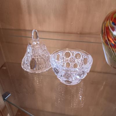 CRYSTAL PEAR, MULTI COLORED GLASS VASE AND THICK GLASS TRINKET BOX