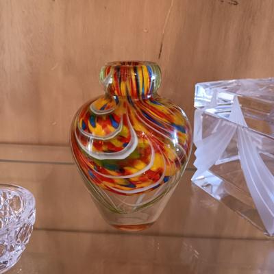 CRYSTAL PEAR, MULTI COLORED GLASS VASE AND THICK GLASS TRINKET BOX