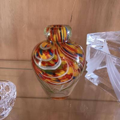 CRYSTAL PEAR, MULTI COLORED GLASS VASE AND THICK GLASS TRINKET BOX