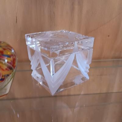 CRYSTAL PEAR, MULTI COLORED GLASS VASE AND THICK GLASS TRINKET BOX