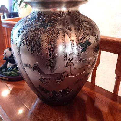 LARGE VASE WITH DRIED FOLIAGE, PANDA BEAR AND BUD VASE