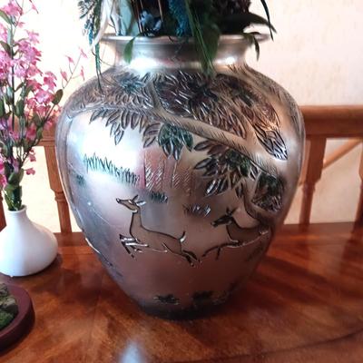 LARGE VASE WITH DRIED FOLIAGE, PANDA BEAR AND BUD VASE